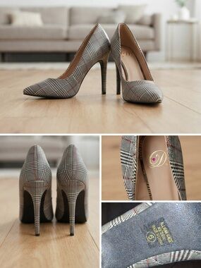 Plaid Pointed-Toe Stiletto Pumps - Gray Plaid